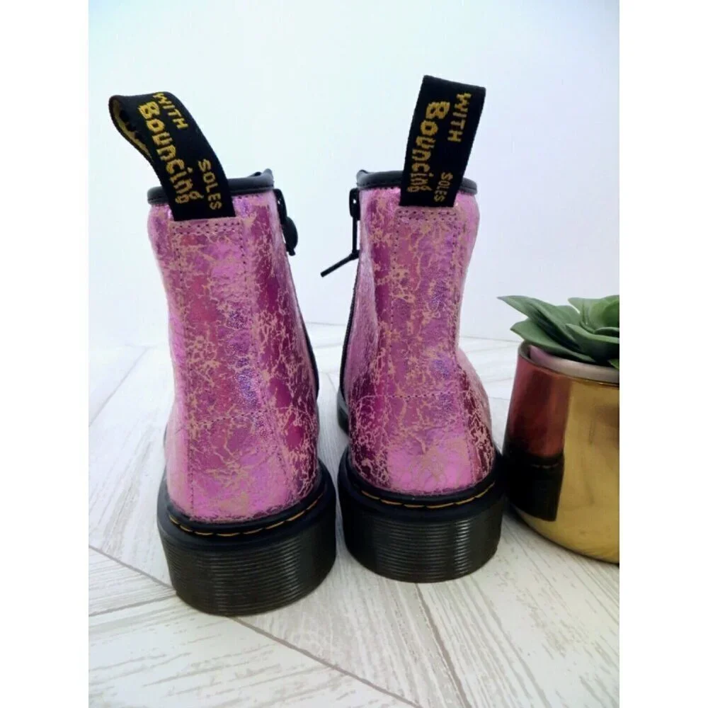 NEW! Dr. Martens Junior 1460 Crinkle Metallic Lace Up Boots Pink SZ 3